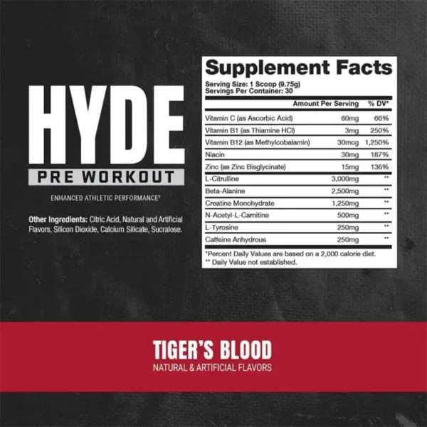 PRO SUPPS HYDE PRE WORKOUT-30 SERVINGS (Tiger Blood) Red 292.5 g - Image 3