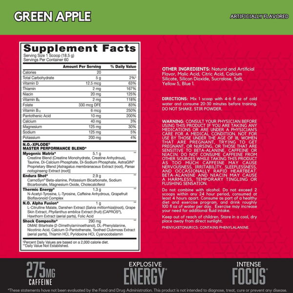 BSN NO-Xplode Legendary Pre Work-out With Nitric Oxide Booster 60 Servings- GREEN APPLE - Image 2