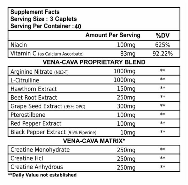 Wellsports Nitrix Vena-Cava Nitrix Oxide Booster Endurance &Vascularity L Arginine & L Citrulline 2000mg -120 Caplets - Image 2