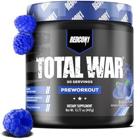 REDCON1 Total War Pre Workout Powder, Blue Raspberry - Fast Acting (30 Servings)